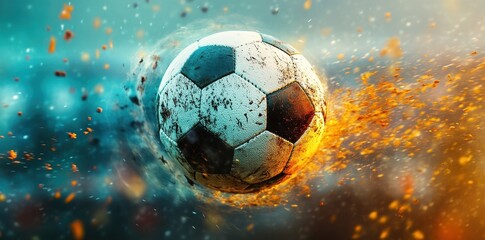 A soccer ball in flight with glowing fiery explosion effects