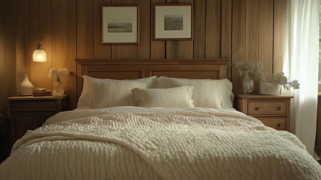 Rustic bedside cabinet near bed with beige pillows. Farmhouse interior design of modern bedroom.