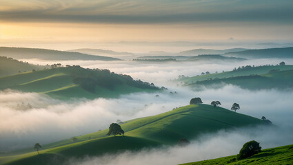 Rolling Green Hills and Misty Valleys at Sunrise with a Lone Tree Silhouette and Golden Sunlight Creating an Ethereal Atmosphere in the Tuscan Countryside