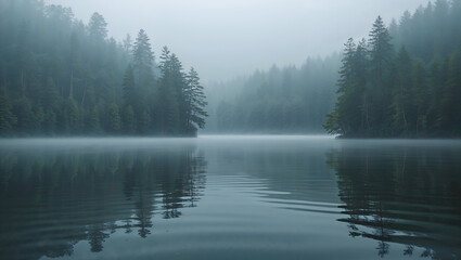 Misty Lake at Dawn with Calm Reflective Water, Ethereal Forest Landscape, and Pine Tree Silhouettes in a Serene, Foggy Wilderness Setting