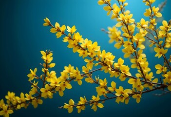 Bright Yellow Forsythia Blossoms Against Deep Turquoise Sky Spring Nature. Ideal for springtime, botanical or natural backgrounds.