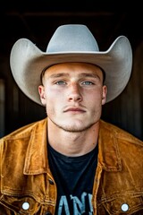 Portrait of a young man with freckles wearing a brown jacket and a light gray cowboy hat against a dark background. 