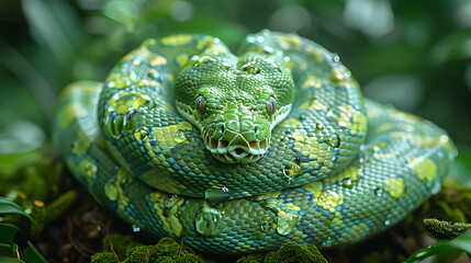 Fototapeta premium Close-up of a vibrant green snake resting on moss amidst lush foliage, showcasing its intricate scales