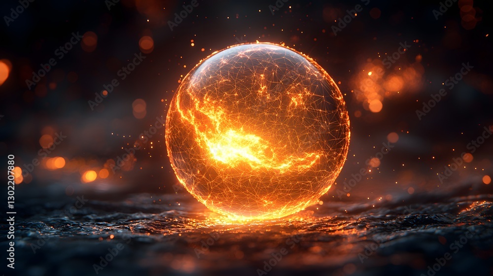 Poster abstract sphere containing a dynamic fireball at its core representing energy and power in a futuris