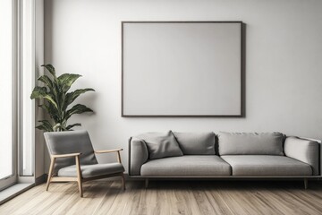 Minimalist living room with grey sofa, armchair, and large blank frame.