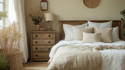 Rustic bedside cabinet near bed with beige pillows. Farmhouse interior design of modern bedroom.