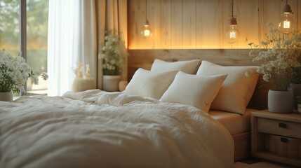 Rustic bedside cabinet near bed with beige pillows. Farmhouse interior design of modern bedroom.