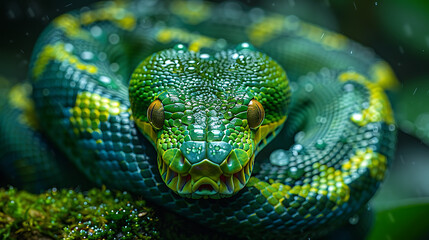 Fototapeta premium Close-up of a vibrant green snake coiled on moss, with droplets of water glistening in a lush rainforest