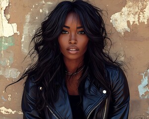 Woman poses, leather jacket, urban wall
