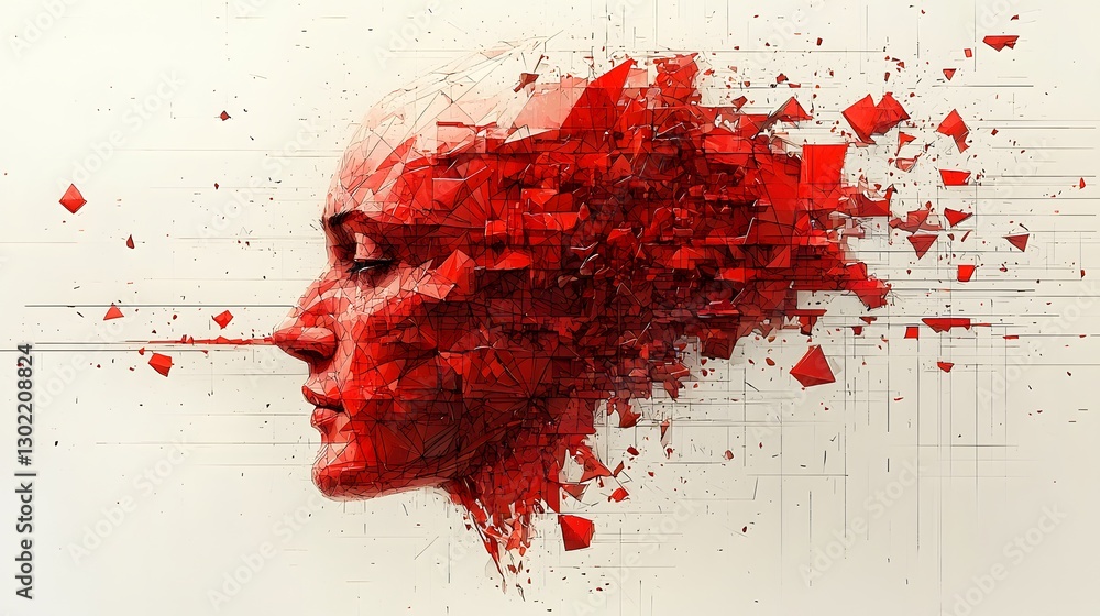 Poster powerful and expressive woman's face adorned with bold red paint creating a striking visual statemen