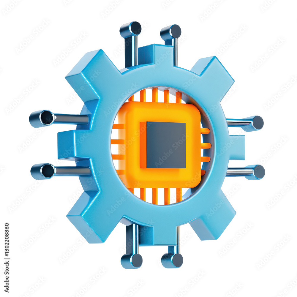 Poster automated ai algorithm, 3d illustration of a gear with a microchip at its center, showcasing innovat