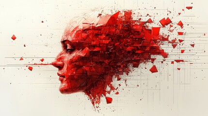 Powerful and expressive woman's face adorned with bold red paint creating a striking visual statement of emotion