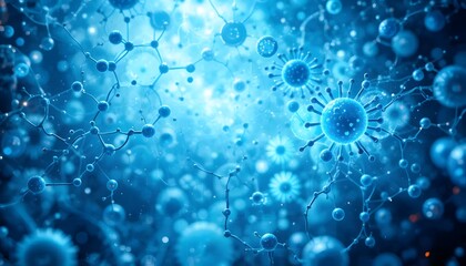 Abstract microscopic view of vibrant and colorful bacteria and viruses in a glowing blue environment