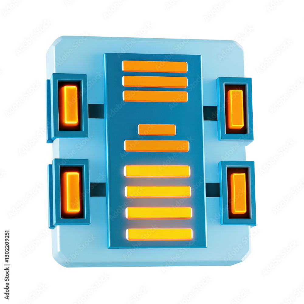 Poster automated ai algorithm, futuristic blue panel with orange lights, white isolated background.