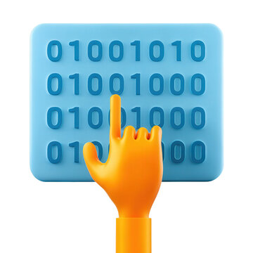 Automated AI algorithms, Hand pointing at binary code, colorful design on isolated background.