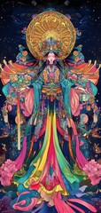 Ritualistic kagura dancer in elaborate costume, performing with divine elegance, symbolic and mystical traditional illustration