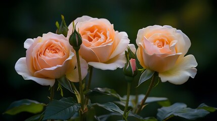 Three beautiful open roses and buds growing on a green plant