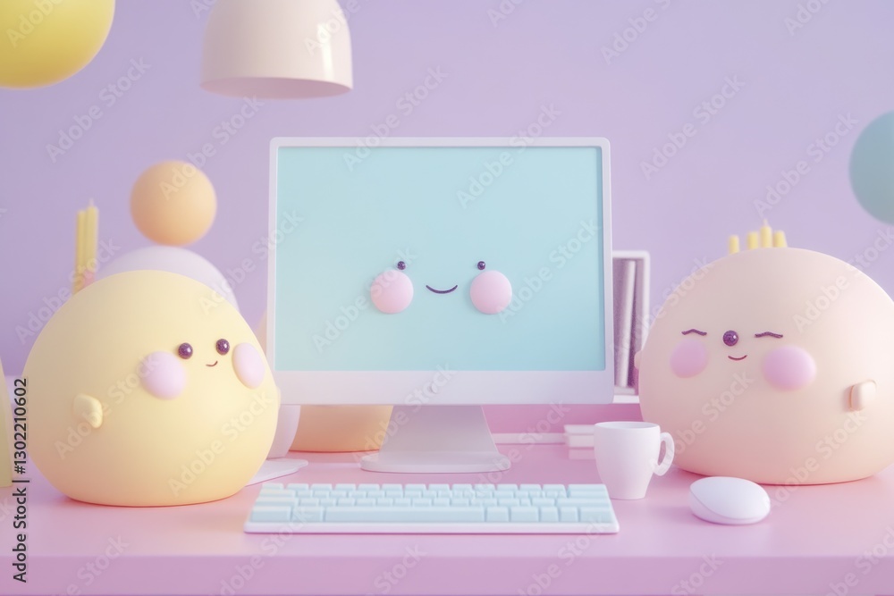 Poster cute 3d cartoon characters working on a pastel-colored computer setup.