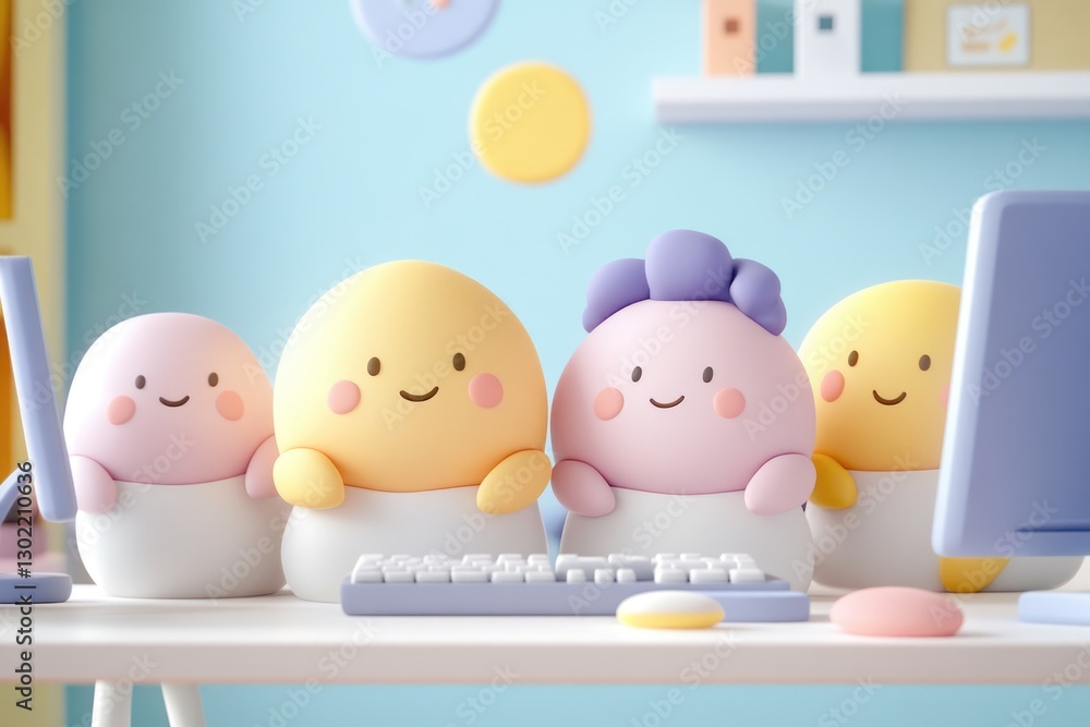 Poster adorable cartoon characters working together on a computer, showcasing teamwork and collaboration in