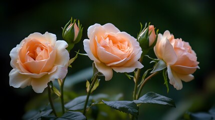 Beautiful cluster of peach roses blooming in a garden setting
