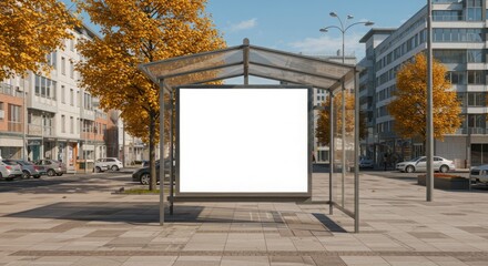 Naklejka premium Blank billboard at a bus stop on a sunny autumn day.