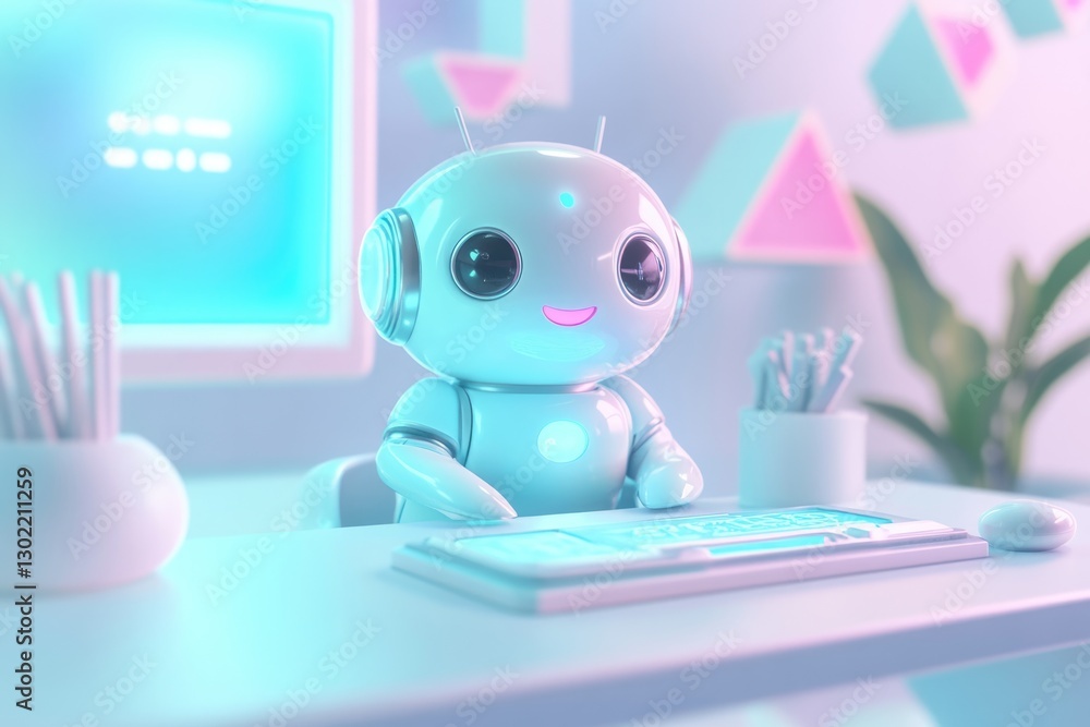 Poster a cute robot sits at a desk using a computer, surrounded by pastel-colored objects.