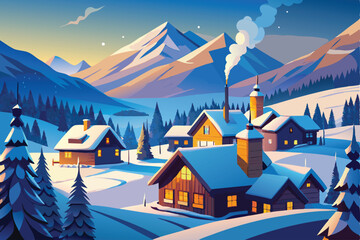 Naklejka premium Snow Winter Village with Glowing Lights in Snowy Valley landscape vector illustration. In the background, rolling hills and distant mountains are visible under a pale blue winter sky.