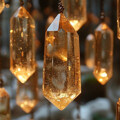 Golden quartz pendants hanging indoors