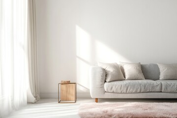 Minimalist living room with sofa, rug, and sunlight.