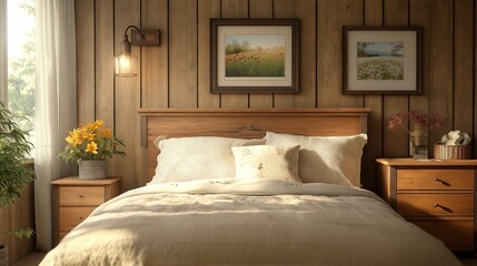 Rustic bedside cabinet near bed with beige pillows. Farmhouse interior design of modern bedroom.