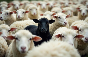 Obraz premium black sheep in a flock of white sheep, one among many, to freeze out