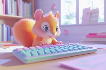 Adorable cartoon squirrel diligently works on a pastel-colored keyboard in a cozy study.