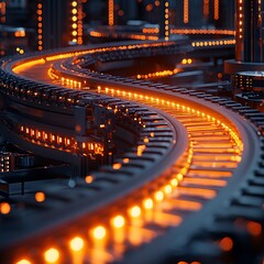 Winding, lit track in robotic, tech factory