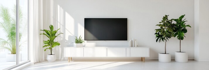 Minimalist living room with white furniture, plants, and a flat-screen TV.