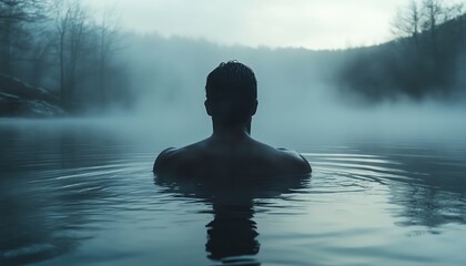 Obraz premium Man swimming in foggy lake at dawn, winter cold water therapy, tranquil nature outdoor bathing moment, misty atmosphere, serene calm water