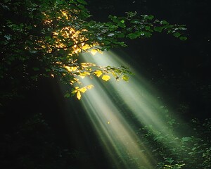 Sunbeams pierce forest canopy