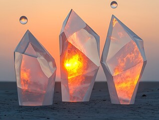 Sunset Crystal Sculptures on Beach