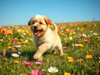 Happy Puppy Running Through Wildflowers in a Sunlit Meadow. Generative AI