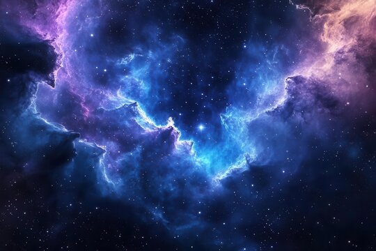 ethereal cosmic nebula swirling with iridescent blues and purples, illuminated by distant stars and celestial dust, creating a dreamlike galactic panorama with depth and mystery