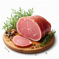 Freshly Sliced Ham on Wooden Board with Herbs and Spices. Generative AI