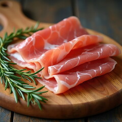 Delicious Slices of Prosciutto Ham on Wooden Board with Fresh Rosemary. Generative AI