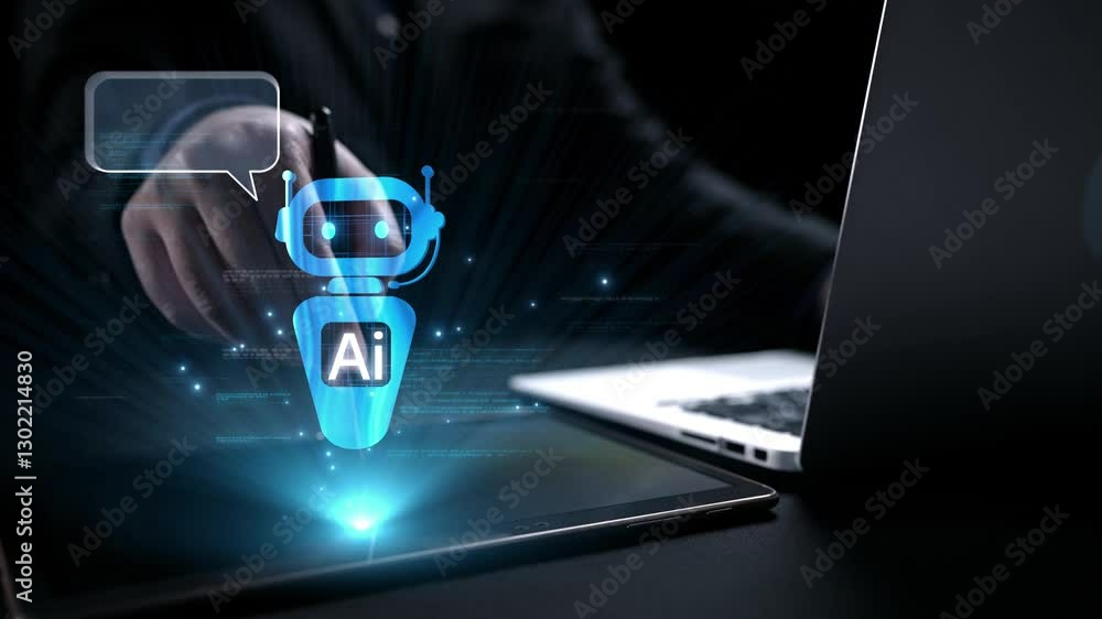 Poster human interact with ai artificial intelligence virtual assistant chatbot in concept of ai artificial