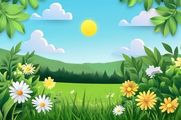 Fototapeta premium Bright sunny meadow with daisies and green rolling hills
