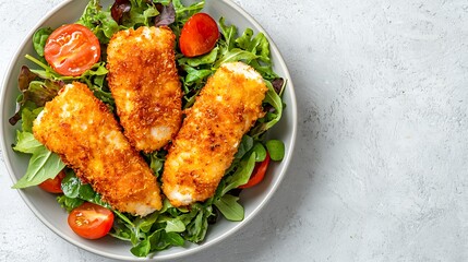 Crispy Breaded Fish Salad with Cherry Tomatoes