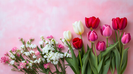 Obraz premium Delicate floral arrangement featuring tulips and other blooms on a soft pastel backdrop