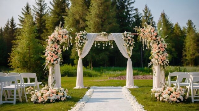 A beautifully decorated wedding arch adorned with fresh flowers, set against a serene natural backdrop. Perfect for wedding themes, event planning, and romantic celebrations.