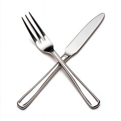 Crossed Silver Fork and Knife on White Background