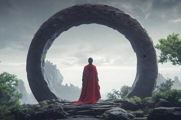 Fantasievolle Szene mit einer Person im roten Umhang vor einem mystischen Steintor
 - obrazy, fototapety, plakaty