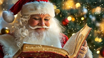 Santa Claus reads a storybook by the Christmas tree in a cozy, festive atmosphere during the holiday season - Powered by Adobe