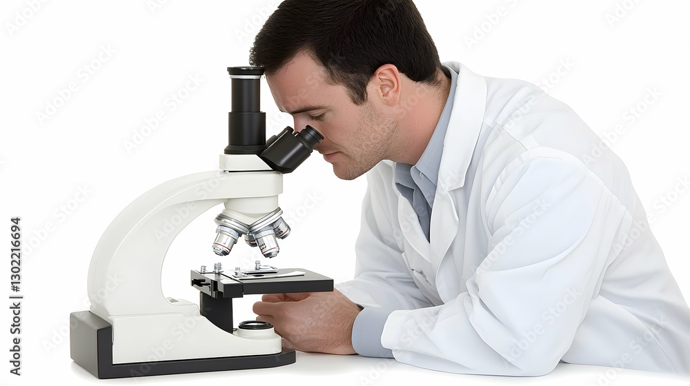 Poster focused scientist analyzing sample through a modern microscope in laboratory